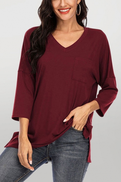 Fashion Plain Three-quarter Sleeve V-neck Slit Sides Loose Fit T Shirt for Girls