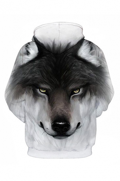 Mens 3D Hooded Sweatshirt Fashionable Wolf Head Pattern Cuffed Drawstring Long Sleeve Regular Fit Hooded Sweatshirt