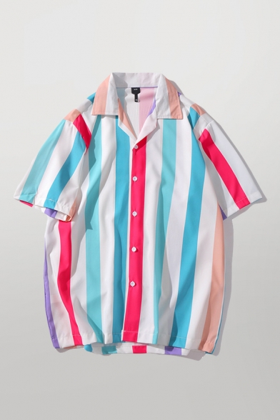 Mens Fashion Shirt Multicolor Vertical Stripe Pattern Button up Notch Collar Short-sleeved oversized Shirt