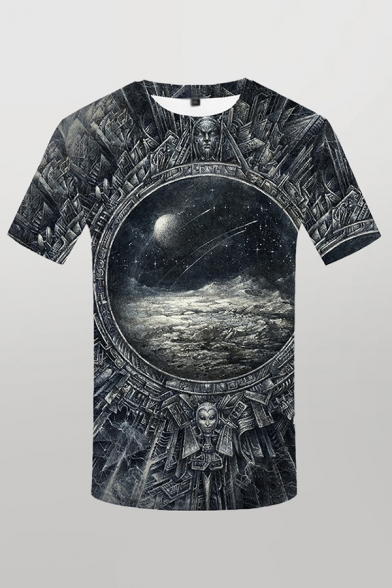 Mens Modern 3D Top Tee Landscape Sky Meteor Statue Circle Pattern Round Neck Short Sleeve Regular Fitted Tee Top