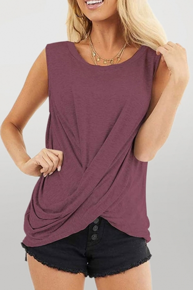 New Stylish Plain Twist Front Crew Neck Sleeveless Relaxed Fitted Tee Top for Ladies