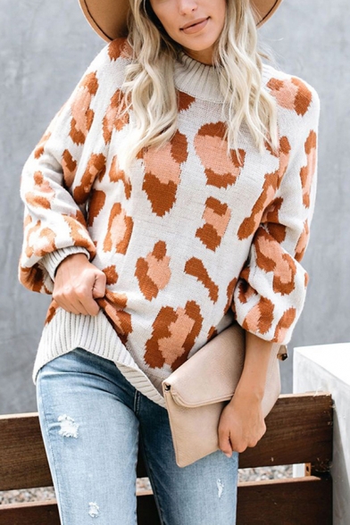 Novelty Womens Leopard Print Crew Neck Long Sleeve Loose  Knitwear Pullover Sweater