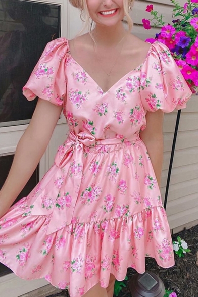 Popular Womens Ditsy Floral Printed Puff Sleeve V-neck Bow Tied Waist Ruffled Short A-line Dress in Pink