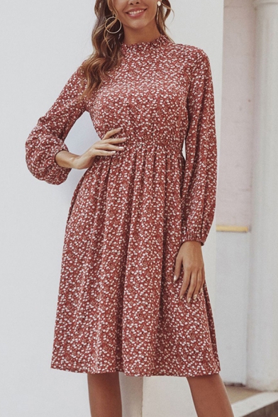Pretty Ditsy Floral Printed Long Sleeve Crew Neck Mid Pleated A-line Dress in Red