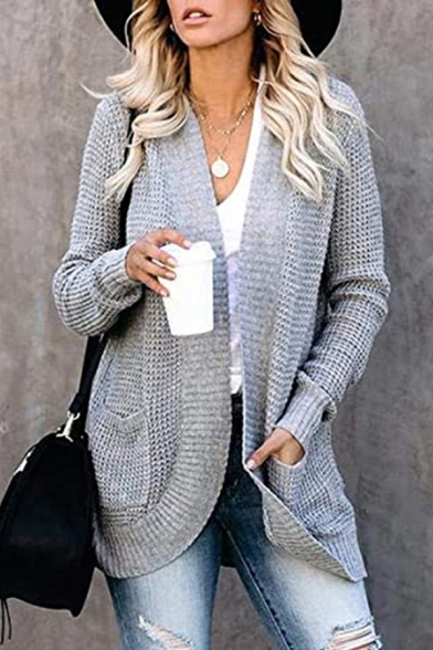 Pretty Solid Color Waffle-knit Long Sleeve Open Front Relaxed Fit Cardigan for Ladies