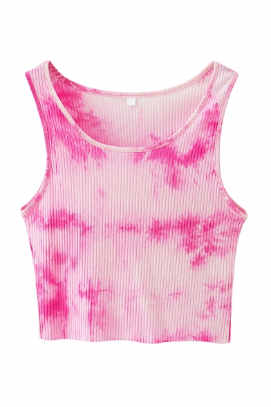 Pretty Tie Dye Printed Sleeveless Round Neck Knit Slim Fit Crop Tank Top in Pink