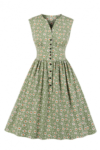 Retro Ditsy Floral Print Sleeveless V-neck Button up Mid Pleated Swing Dress for Girls