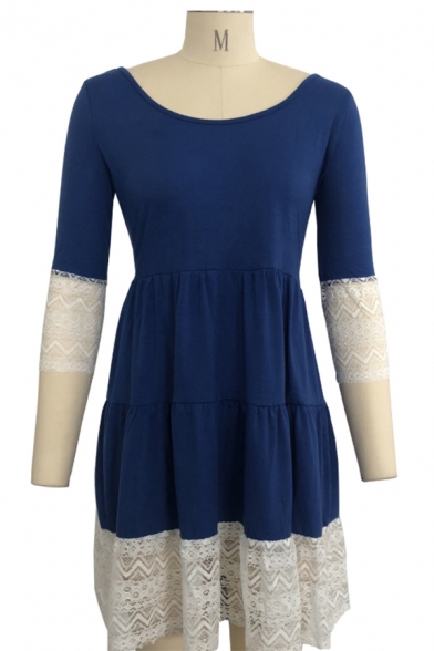 Scoop Neck 3/4 Length Sleeve Color Block Lace Patchwork T-shirt Dress