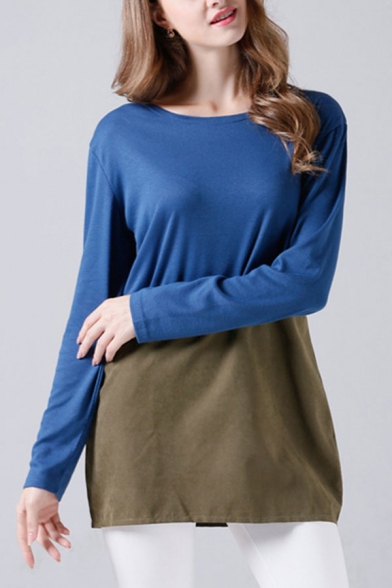 Simple Womens Color Block Crew Neck Long Sleeve Regular Fitted Tunic Tee Top
