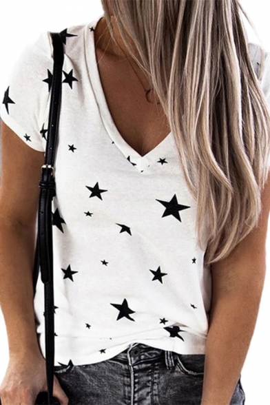 Stylish Star Printing Deep V Neck Short Sleeve Regular Fit T-Shirt for Girls