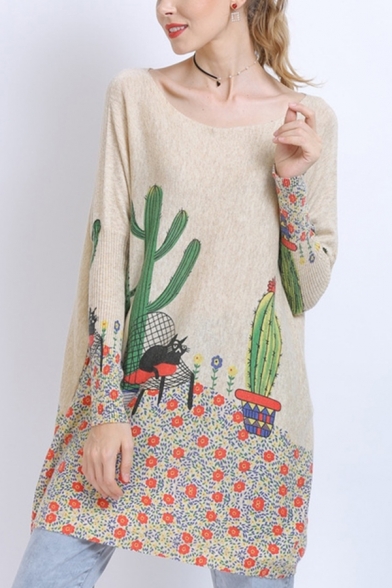 Stylish Womens Cactus Floral Printed Boat Neck Dolman Long Sleeve Loose Tunic Knitwear Top