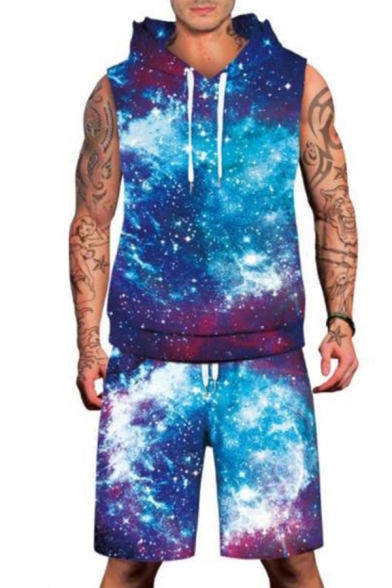 

Top Design Galaxy Star Print Sleeveless Hoodie with Sports Shorts, LC464132