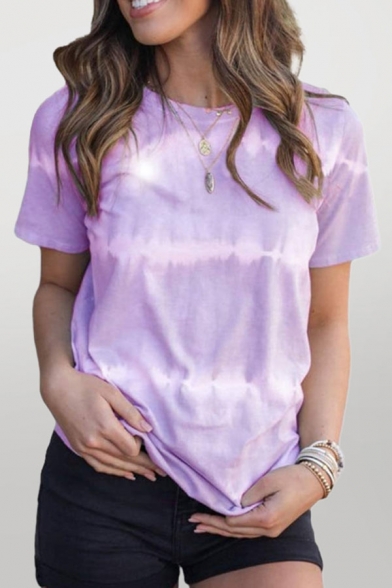 Trendy Summer Dip Dye Printed Crew Neck Short Sleeve Loose Fit Tee Shirt for Ladies