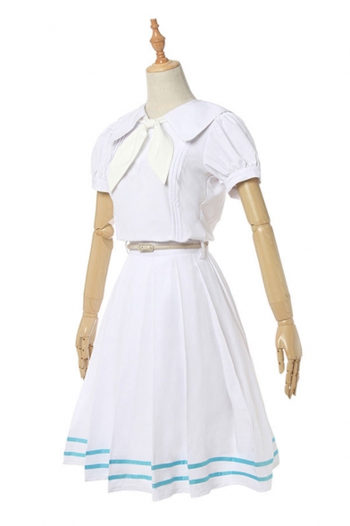 Trendy White Short Sleeve Sailor Collar Tied Striped Mid Pleated A-line Dress Co-ords with Socks and Headband