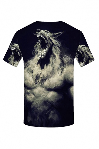 Vintage Mens 3D Tee Top Abstract Animal Painting Short Sleeve Round Neck Slim Fitted Tee Top