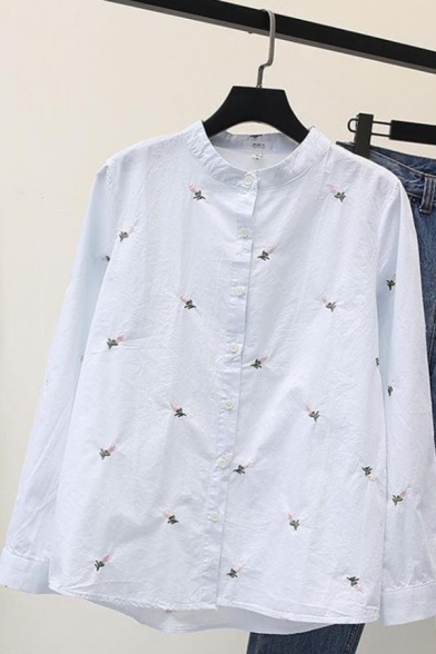 White Simple Floral Embroidered Ruffled Collar Long Sleeve Button Down Cotton Shirt
