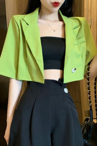 Womens Chic Fluorescent Green Notched Lapel Long Sleeve Double Button Slim FIt Cropped Blazer Jacket
