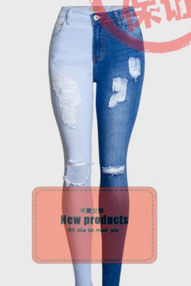 Womens Creative Distressed Pockets Zipper Fly Full Length Slim Fit Jeans with Washing Effect