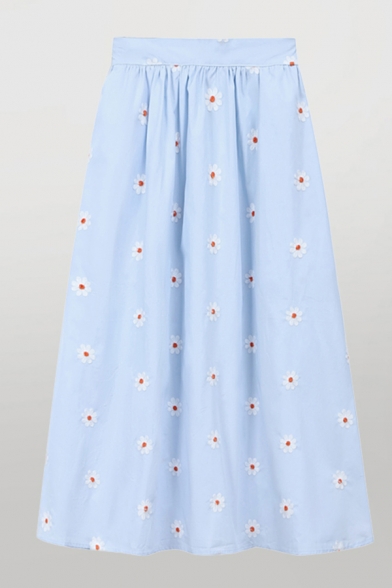 

Allover Daisy Flower Embroidered High Rise Pretty Long A-line Skirt, Blue;white, LM664247