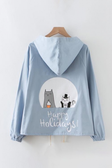 Cartoon Cats Printed Back Long Sleeve Buttons Down Hooded Coat