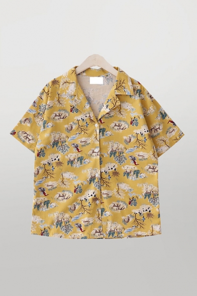 Casual Girls Animals Trees Print Button Down Short Sleeve Lapel Collar Loose Shirt