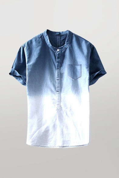Casual Mens Shirt Ombre Pattern Pocket Button down Short Sleeve Stand Collar Regular Fitted Shirt