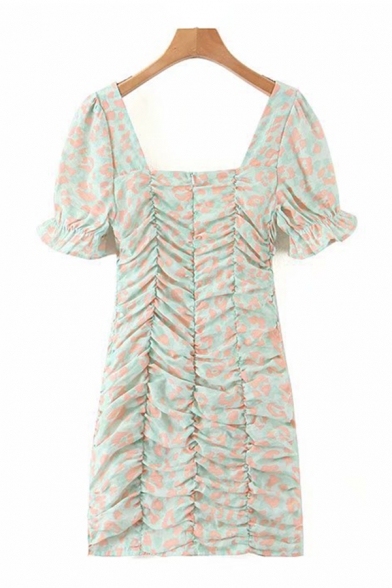Cute Girls All Over Floral Printed Puff Sleeve Sweetheart Neck Ruched Mini Sheath Dress in Green