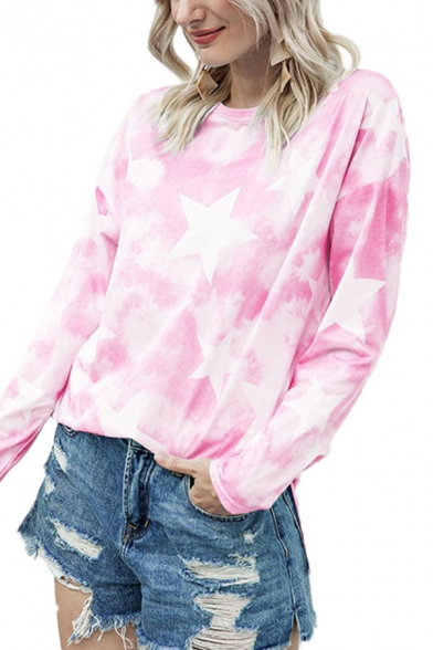 Dainty Tie-dye Star Printed Slit Side Round Neck Long Sleeve Loose Fit High Low Tee for Firls