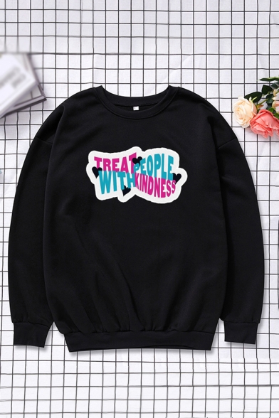 Fashion Letter Treat People With Kindness Print Long Sleeve Crew Neck Oversize Pullover Sweatshirt in Black