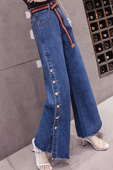 Fashion Street Women's Mid Rise Button Down High Slit Full length Fitted Flared Jeans in Blue