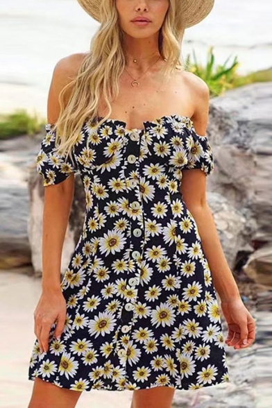 Fashionable Womens Allover Sunflower Printed Off the Shoulder Button Up Short A-line Dress in Black