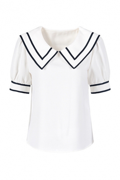 Fashionable Womens Striped Sailor Collar Puff Short Sleeve Regular Fit Shirt in White