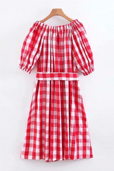Gorgeous Womens Checkered Printed Puff Sleeve Off the Shoulder Button Up Tied Waist Mid A-line Smock Dress in Red