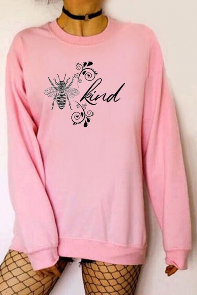 

Kpop Letter Kind Cartoon Bee Graphic Long Sleeve Crew Neck Relaxed Fit Pullover Sweatshirt, Blue;pink;red;white;gray, LC661714