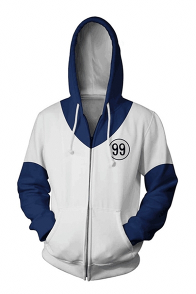 Leisure Number 99 Printed Contrasted Long Sleeve Zipper Front Drawstring Regular Fit Hoodie in White