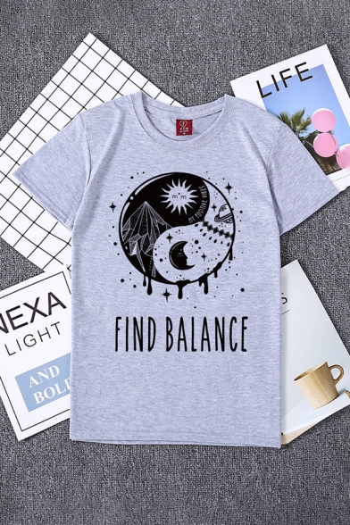 Leisure Womens Letter Find Balance Yin Yang Graphic Short Sleeve Crew Neck Relaxed Fit T-shirt