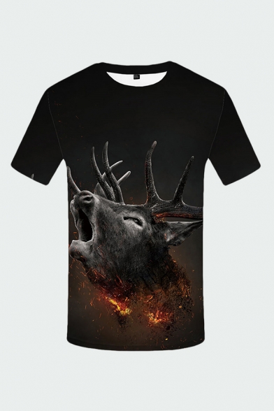 Mens 3D T-Shirt Casual Deer Fire Sparkle Printed Crew Neck Short Sleeve Slim Fitted T-Shirt