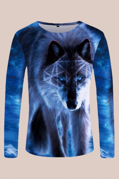 Mens 3D T-Shirt Unique Geometric Wolf Pattern Slim Fitted Round Neck Long Sleeve T-Shirt