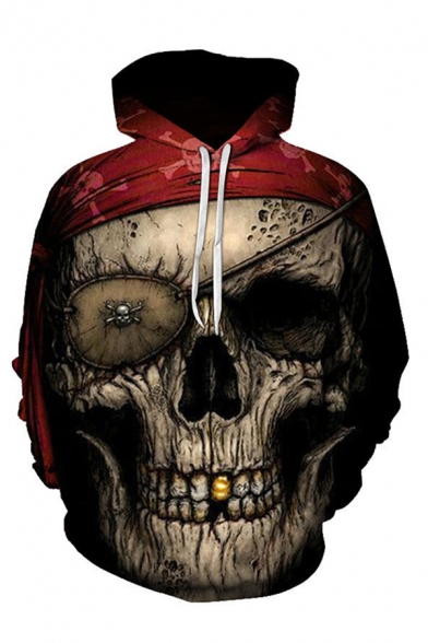 Mens 3D Unique Hoodie Skull Gold Tooth Scarf Pattern Drawstring Long Sleeve Regular Fitted Hooded Sweatshirt with Pocket