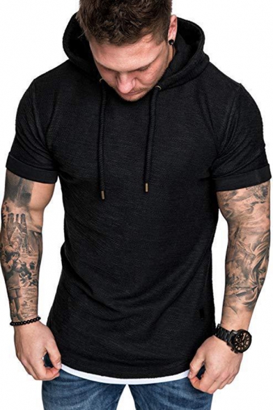 Mens Trendy Patchwork Fake Two Pieces Short Sleeve Hooded Slim Fitted T-Shirt