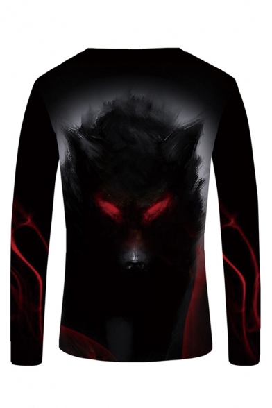 Novelty Mens 3D Tee Top Red-Eye Wolf Painting Slim Fitted Long Sleeve Crew Neck Tee Top