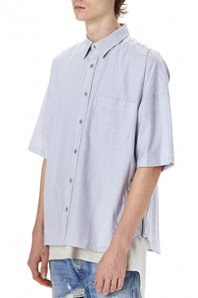 Novelty Mens Shirt Striped Printed Chest Pocket Zipper Embellished Button up Point Collar Short Sleeve Regular Fit Shirt