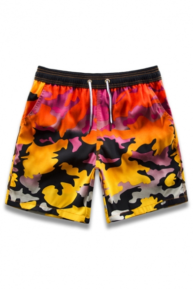 Popular Big and Tall Black and Orange Drawcord Camouflage Swim Trunks with Mesh Liner and Pockets