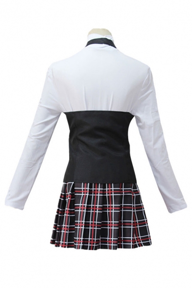 Popular Girls Long Sleeve High Neck Patched Button Down Fit Top & Plaid Print Short Pleated Skirt Co-ords in White