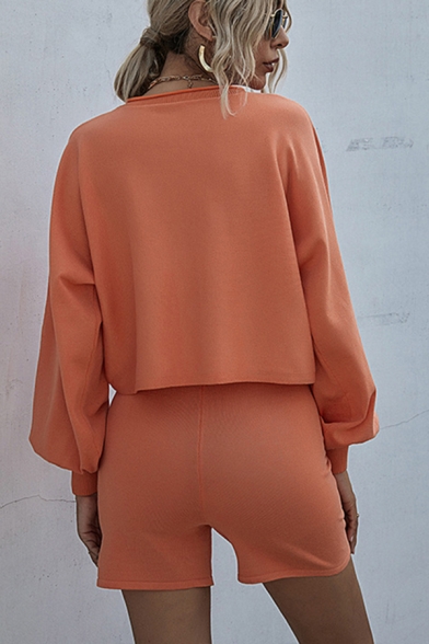 Popular Womens Long Sleeve Crew Neck Relaxed Crop T Shirt & Fitted Shorts Set in Orange