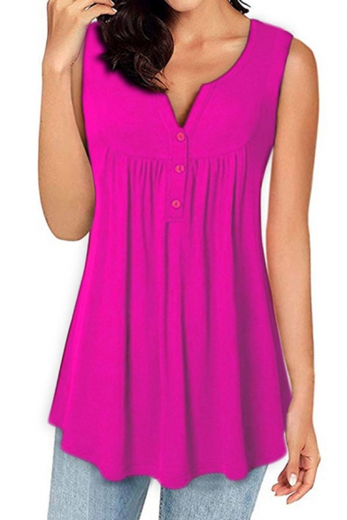 Popular Womens Solid Color Sleeveless V-neck Button-up Ruched Relaxed Fit Tank Top