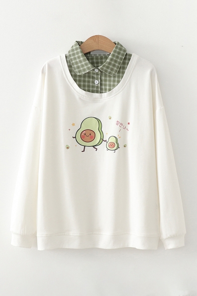 Preppy Girls Avocado Graphic Plaid Patched Long Sleeve Turndown Collar Button Detail Loose Fit Pullover Sweatshirt