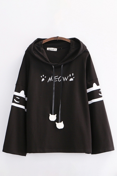 Preppy Girls Letter Meow Cat Graphic Long Sleeve Drawstring Loose Fit Ears Hoodie