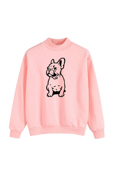 Preppy Look Cartoon Dog Print LongSleeve Round Neck Relaxed Fit Pullover Hoodie