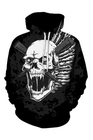 Retro Mens 3D Hoodie Skull Wood Wing Pattern Drawstring Regular Fitted Long Sleeve Hoodie